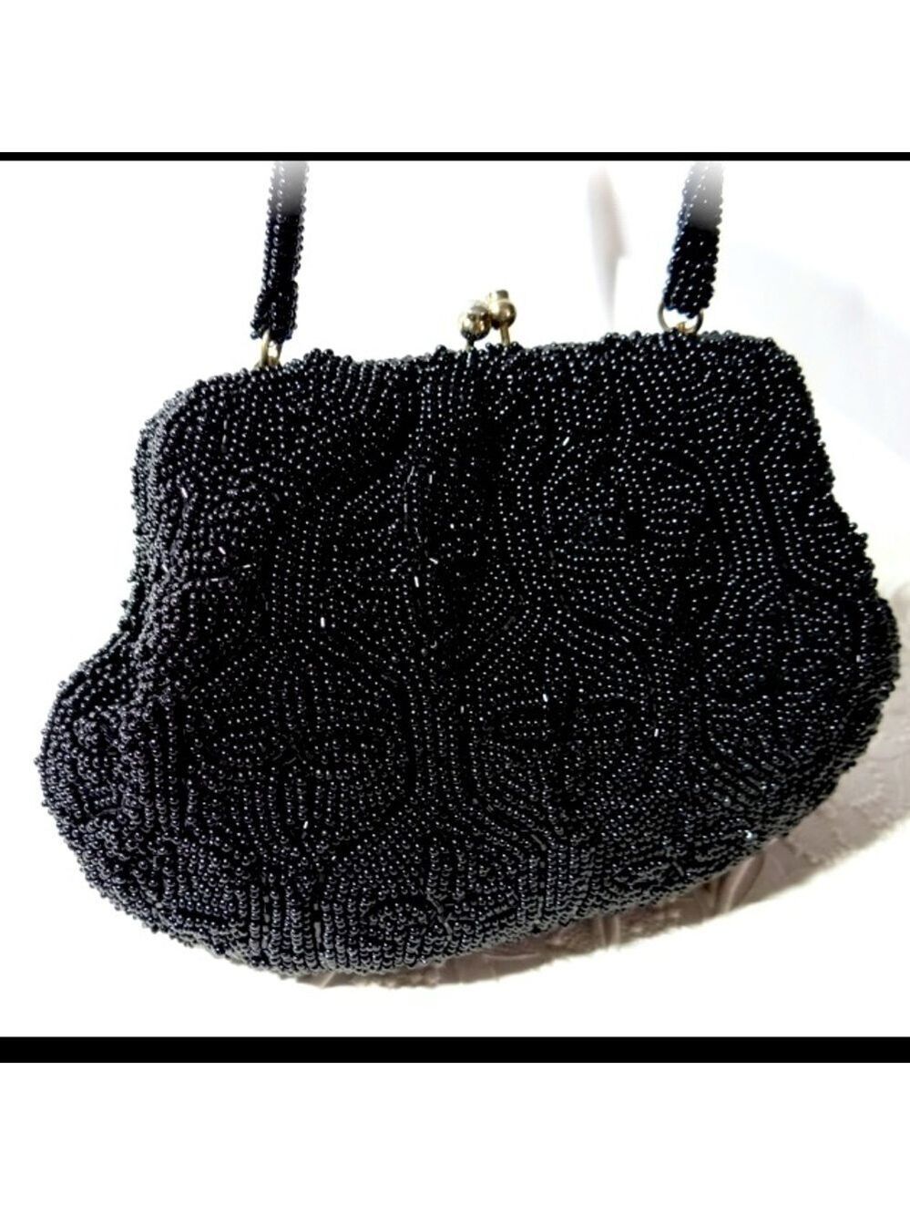 VINTAGE RICHERE BAG by WALBORG stunning black glass hand beaded evening clutch